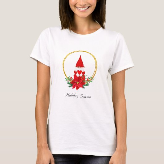 Schattige Kerstkabouter op gouden krans T-shirt (Voorkant)