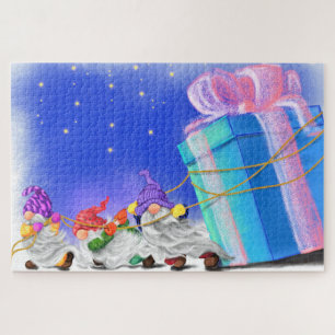 Schattige Kerstkabouters Brengen Een Groot Cadeau Legpuzzel