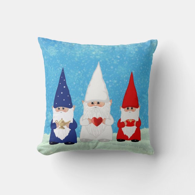 Schattige Kerstkabouters gekleed in Blauw Rood & W Kussen (Voorkant)