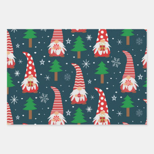 Schattige Kerstkabouters met bomen en sneeuwvlokke Inpakpapier Vel