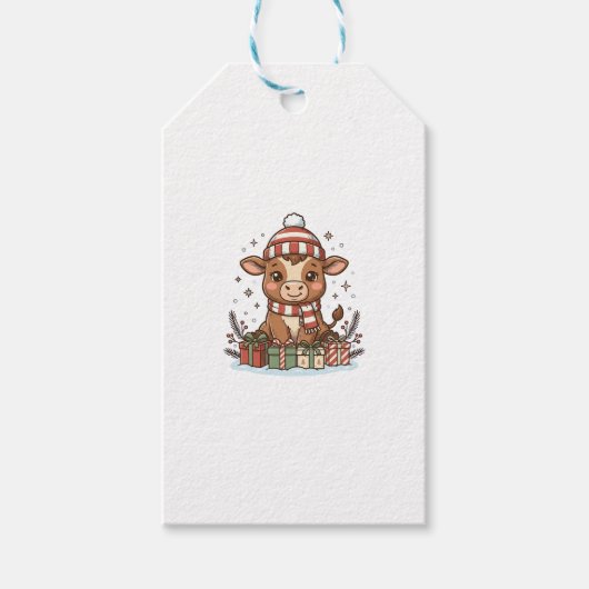 Schattige Kerstkalveren Met Geschenken Vintage Vec Cadeaulabel (Voorkant)