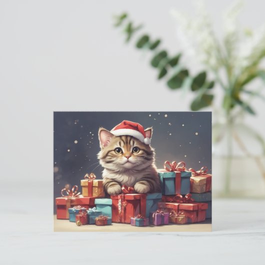 schattige kerstkat briefkaart (Staand voorkant)