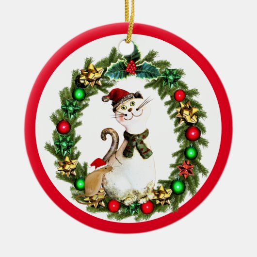 Schattige Kerstkat en -muis Keramisch Ornament (Voorkant)
