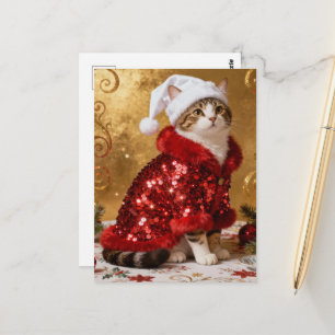 Schattige Kerstkat in Kerstmannenpak Kerstkaart Briefkaart
