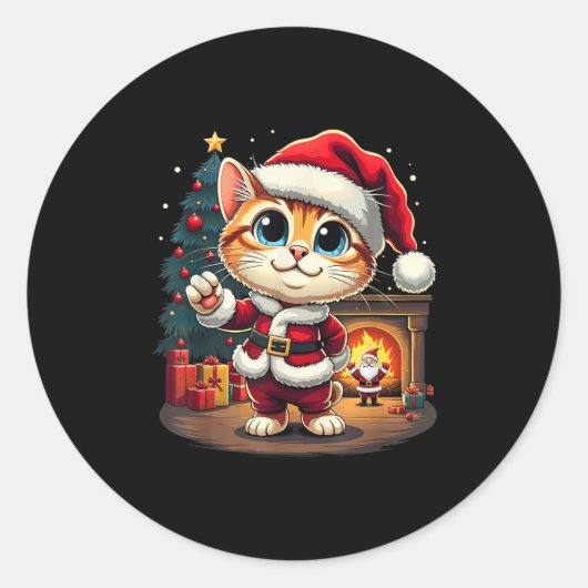 Schattige Kerstkat Kerstman Mooie Xmas Kit Ronde Sticker (Voorkant)
