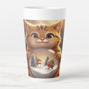 Schattige Kerstkat met Sneeuwbol Kunst Latte Mok