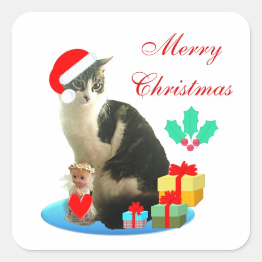 Schattige Kerstkat met tabbyvlekken Vierkante Sticker (Voorkant)