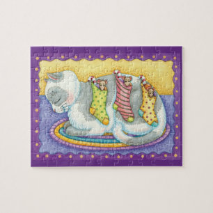 Schattige Kerstkat Slaapt met Muizen in Kousen Legpuzzel