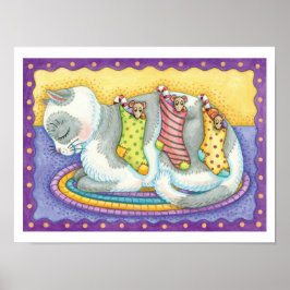 Schattige Kerstkat Slapend met Muizen in Kousen Poster