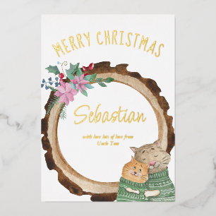 Schattige Kerstkatten Landelijk Houten Frame Goud Folie Feestdagenkaart
