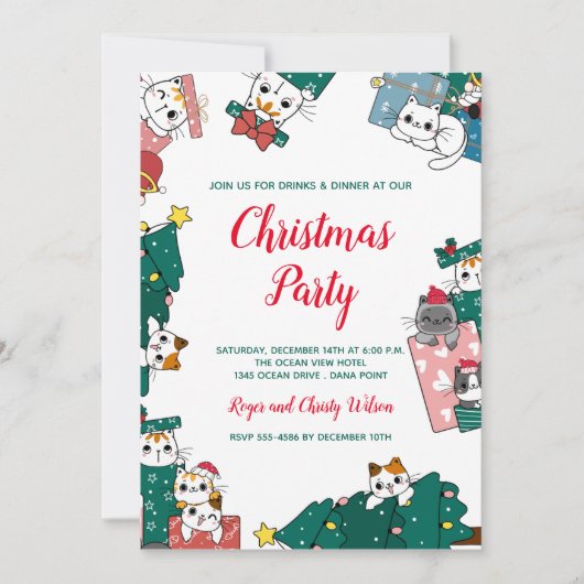Schattige kerstkattenfeest kaart (Voorkant)