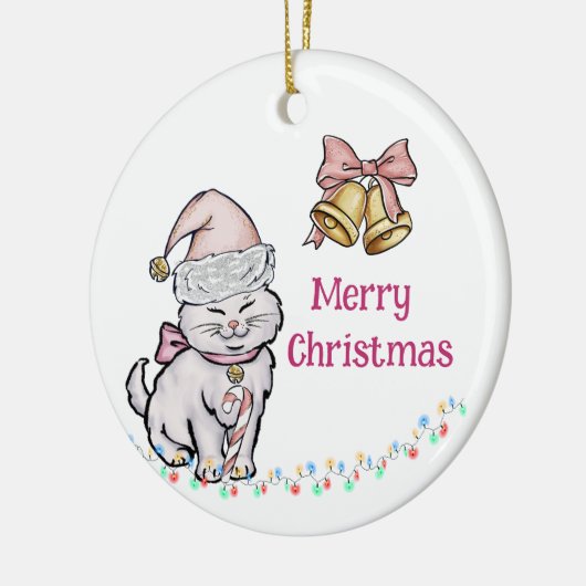 Schattige kerstkitten in een kerstmuts aangepaste  keramisch ornament (Links)