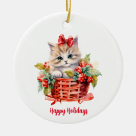 Schattige kerstkitten in een mandje keramisch ornament