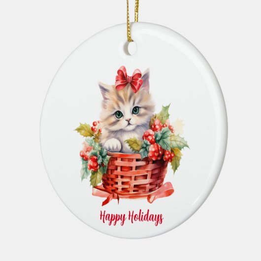 Schattige kerstkitten in een mandje keramisch ornament (Links)