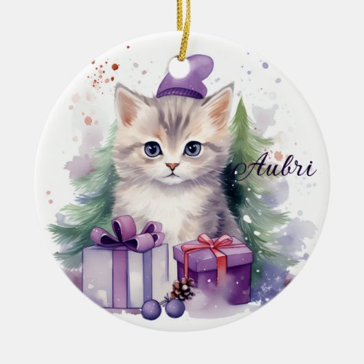 Schattige kerstkitten met kerstcadeaus keramisch ornament (Voorkant)