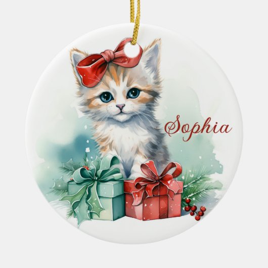 Schattige kerstkitten met kerstcadeaus keramisch ornament (Voorkant)