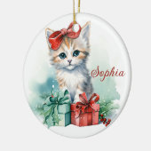 Schattige kerstkitten met kerstcadeaus keramisch ornament (Links)