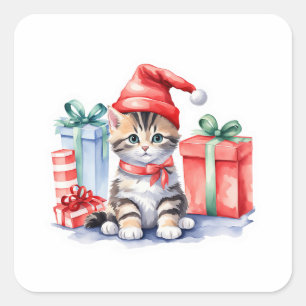 🎄 Schattige Kerstkitten met stapels cadeautjes St Vierkante Sticker