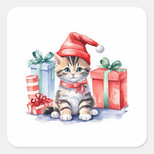 🎄 Schattige Kerstkitten met stapels cadeautjes St Vierkante Sticker (Voorkant)