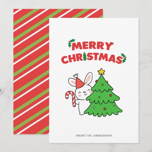 Schattige Kerstkonijn Konijn Cartoon Kerstkaart (Voorkant / Achterkant)