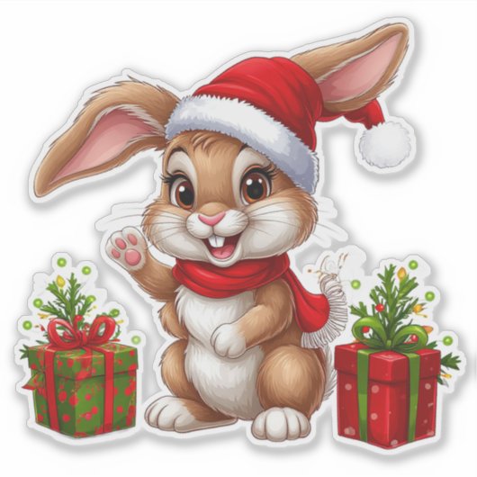 Schattige Kerstkonijn Met Kerstmannenhoed Sticker (Voorkant)