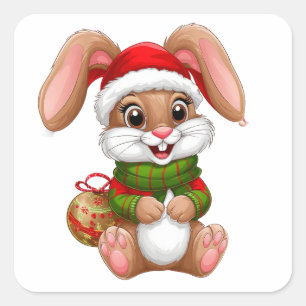 Schattige Kerstkonijn Met Kerstmannenhoed Vierkante Sticker