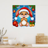 Schattige Kerstkonijn met Sinterklaashoed Poster (Keuken)