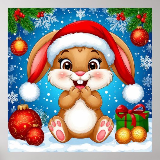 Schattige Kerstkonijn met Sinterklaashoed Poster (Voorkant)