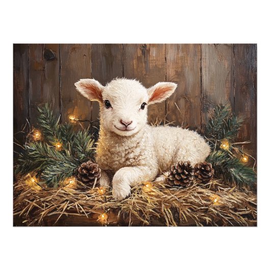 Schattige kerstlam rustiek schilderij foto afdruk (Voorkant)