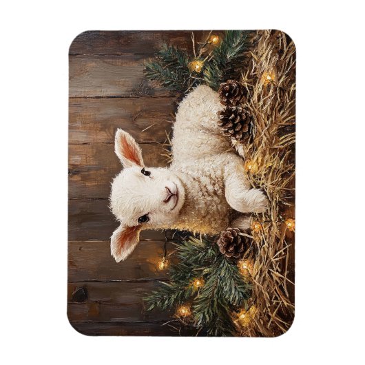 Schattige kerstlam rustiek schilderij magneet (Verticaal)