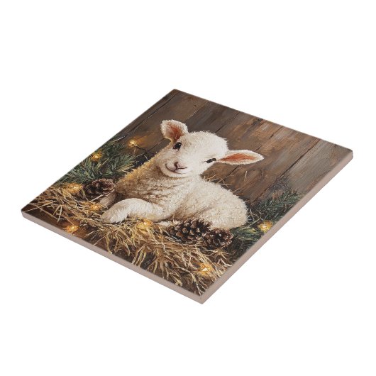 Schattige kerstlam rustiek schilderij tegeltje (Zijkant)