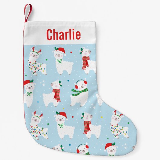 Schattige Kerstllama's op lichtblauw Kleine Kerstsok (Voorkant)