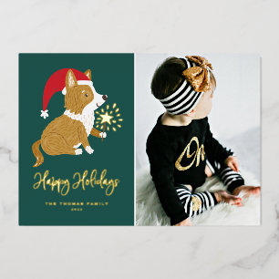 Schattige Kerstman Corgi Foto Prettig Kerstfeest Folie Feestdagenkaart