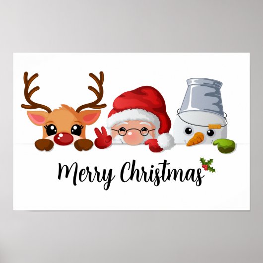 Schattige Kerstman die gluurt, Rendier & Sneeuwman Poster (Voorkant)