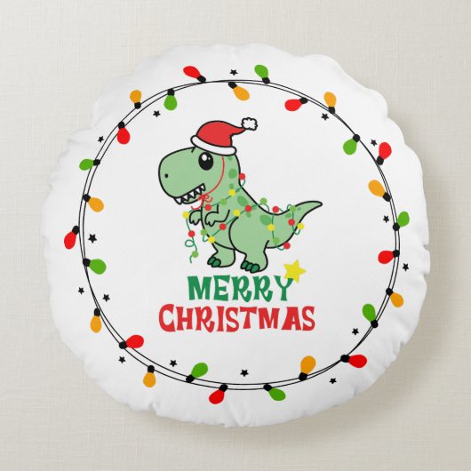 Schattige Kerstman Dino Prettig Kerstfeest Rond Kussen (Voorkant)