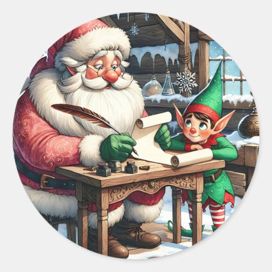 Schattige kerstman en elf kerst ronde sticker (Voorkant)