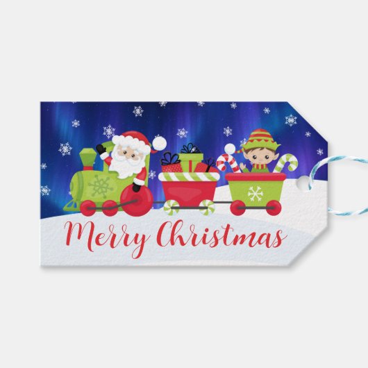 Schattige Kerstman en Elf Trein Cadeaulabel (Voorkant (Horizontaal))
