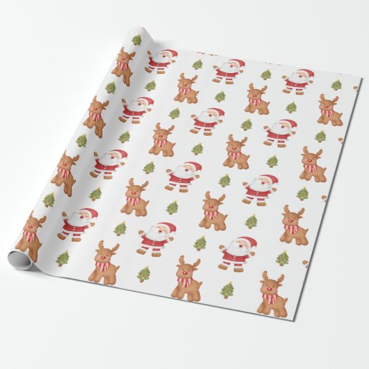 Schattige Kerstman en Rendier Festive Cadeaupapier (Uitgerold)