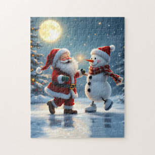 Schattige Kerstman en sneeuwman dansen op het ijs Legpuzzel