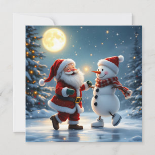 Schattige Kerstman en sneeuwman dansen op ijs in d Feestdagenkaart