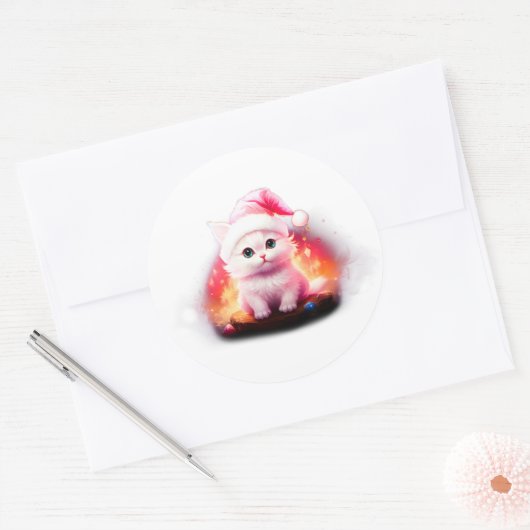 Schattige Kerstman Kat Ronde Sticker (Envelop)
