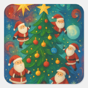 Schattige Kerstman Kerstboom Illustratie Vierkante Sticker