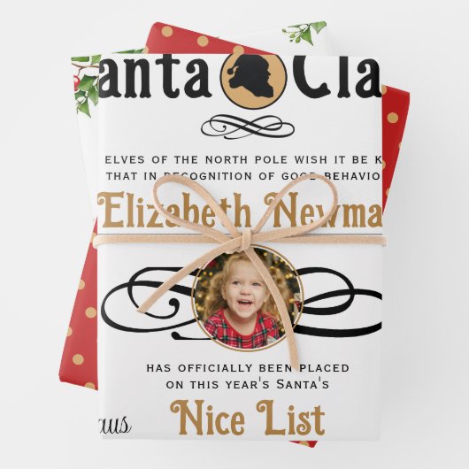 Schattige Kerstman Nice List Certificaat Foto Inpakpapier Vel (In situ)