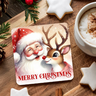 Schattige Kerstman Rudolph Kerst Coaster Watercolo Kartonnen Onderzetters
