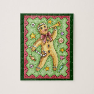 Schattige kerstman van gemberkoek die op een hoorn legpuzzel