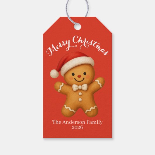 Schattige kerstman van gemberkoek met kerstmuts - cadeaulabel (Voorkant)