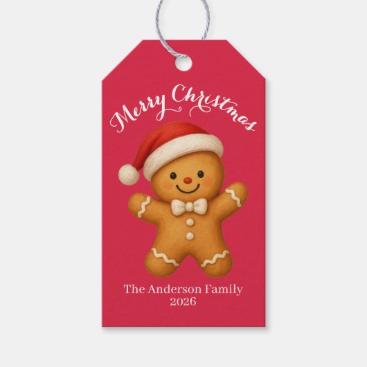 Schattige kerstman van gemberkoek met kerstmuts - cadeaulabel (Voorkant)