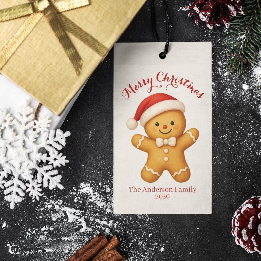 Schattige kerstman van gemberkoek met kerstmuts - cadeaulabel