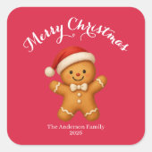 Schattige kerstman van gemberkoek met kerstmuts - vierkante sticker (Voorkant)