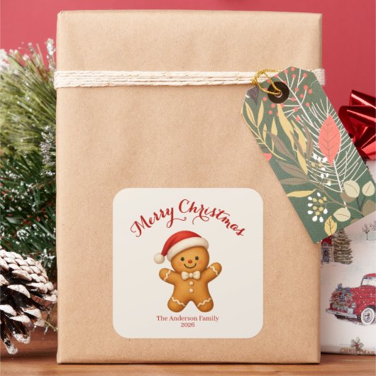 Schattige kerstman van gemberkoek met kerstmuts - vierkante sticker (Feestdagen)